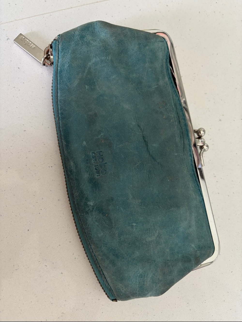 HOBO Teal Leather Zip-and-Kiss Wallet